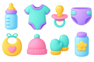 Colorful baby essentials in soft cartoon style featuring bottles, clothing, and accessories