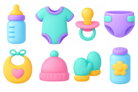 Colorful baby essentials in soft cartoon style featuring bottles, clothing, and accessories
