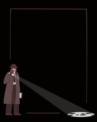 Detective shines a flashlight on shoe prints. Search for evidence in the dark. Crime investigation concept. Frame with dark background.  Vector illustration in flat style.