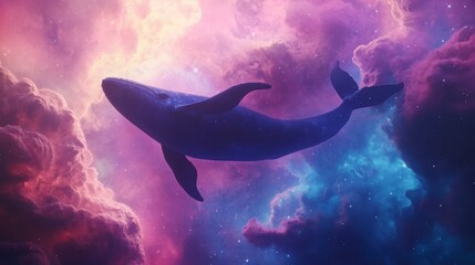 A whale swims through a vibrant, cosmic nebula.