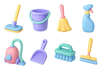 Colorful 3d cartoon cleaning equipment set with bucket, mop, and spray bottle