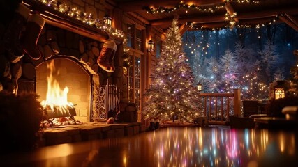 A fireplace with a christmas tree in front of it