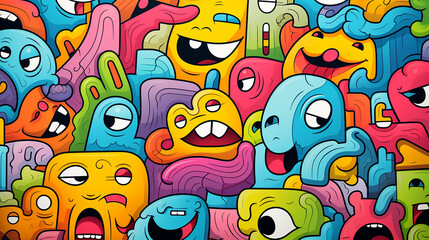 Vibrant cartoon monsters art design with playful characters and fun faces