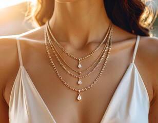 Gold layered necklace with teardrop pendants fashion jewelry style