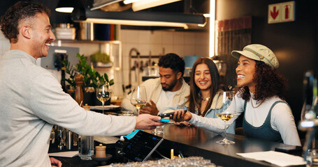 Happy people, customer or bartender with phone on pos machine for payment or transaction in bar....