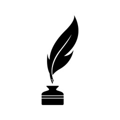 old style quill pen vector icon. Black quill pen logo design with inkwell decorated stars. 