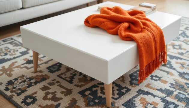  Retro Revival White Coffee Table and Vibrant Orange Wool Throw in a Mid Century Setting