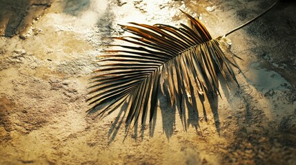 Dried palm leaf on textured ground, dramatic lighting.