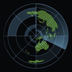 Circle radar style HUD, GUI, UI interface with world map isolated on black background for design, infographic