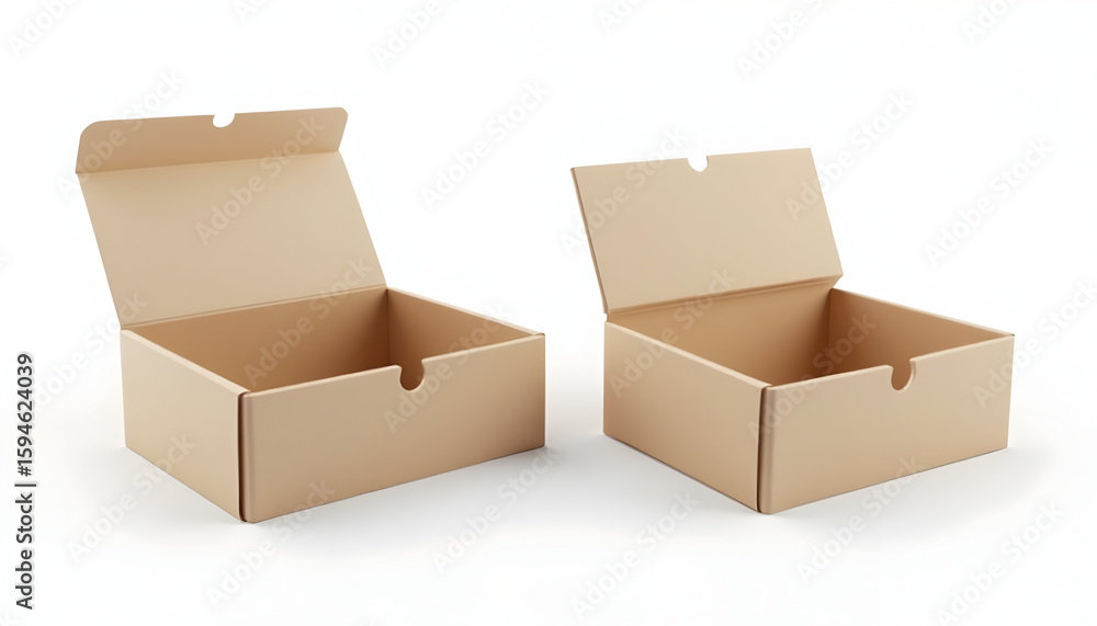 Poster two empty brown cardboard boxes with lids open on white background