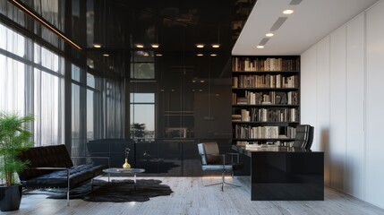 Modern, sophisticated office space with dark accents.