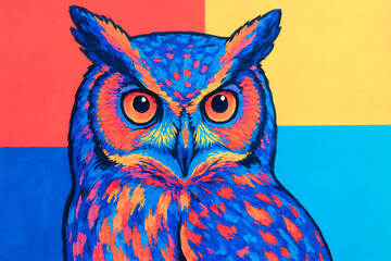 Vibrant pop art image of an owl against a background of geometrically divided color blocks.