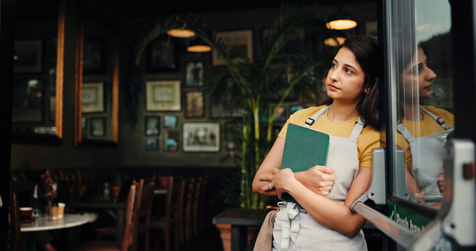 Waitress thinking, stress or woman at cafe with tablet for inflation, bankruptcy or financial crisis. Sad, reflection or barista at coffee shop with startup fail, small business challenge or pensive