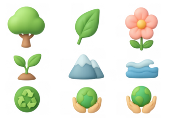 Eco-friendly icons collection: nature, trees, and environment in soft cartoon style