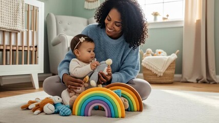 African american mother and baby playing with colorful wooden toy in nursery. Early childhood development, parenting, and bonding concept for child care - Powered by Adobe