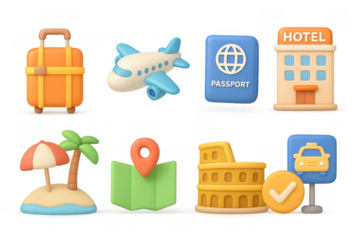 3d travel icons: luggage, plane, passport, hotel, beach, map, colosseum, taxi