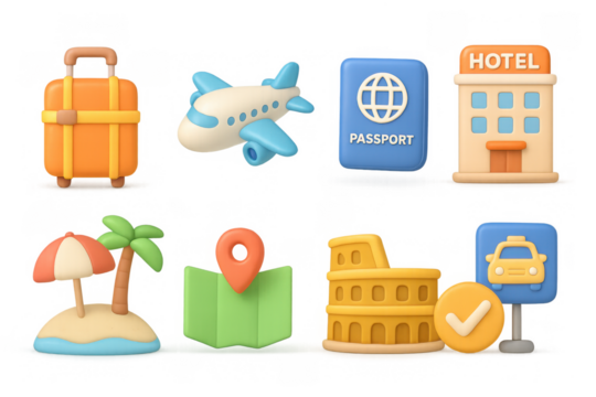 3d travel icons: luggage, plane, passport, hotel, beach, map, colosseum, taxi