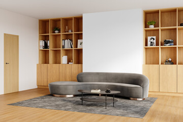 Minimalist Living Room with Grey Couch and Wooden Bookshelves – Transparent Background PNG