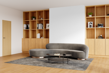Minimalist Living Room with Grey Couch and Wooden Bookshelves – Transparent Background PNG