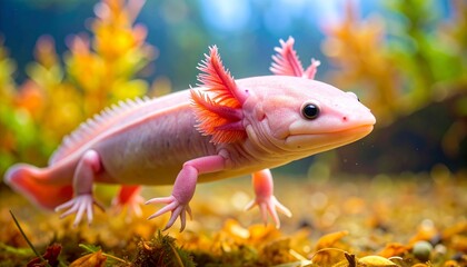 Colorful axolotl swimming in vibrant aquarium.