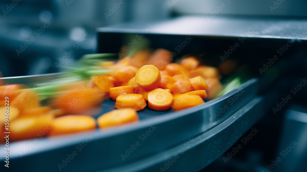 Poster sliced carrot conveyor automated food processing machine vegetable factory fast movement production
