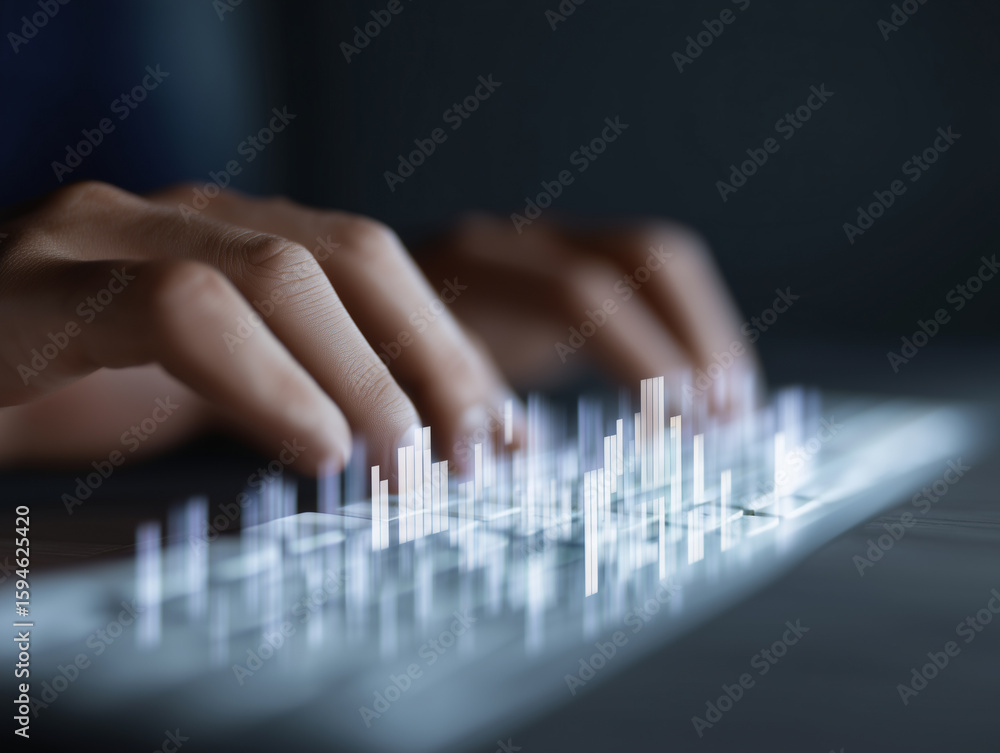 Poster hands typing on keyboard with digital bar graph, data analysis, technology, innovation, futuristic, 