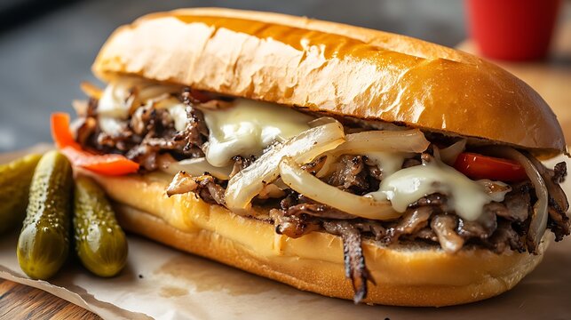 Delicious Philly Cheesesteak Sandwich with Onions and Pickles