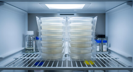 Obraz premium Stacks of clear plastic containers filled with a translucent substance, stored neatly in a refrigerator.