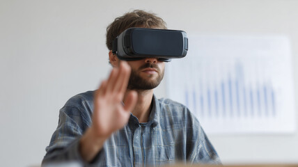 Young man wearing virtual reality headset, exploring digital data with hand gesture, focused expression