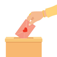 Chaity, love and valentine's day concept. Hand putting  envelope with red heart into box