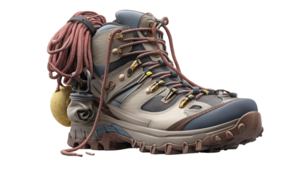 Hiking boot with rope and chalk bag