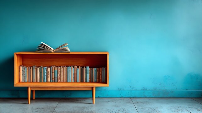 Open book on minimal wooden bookshelf with empty space for educational content, learning promotions, literacy campaigns, or school-related presentations. - Powered by Adobe