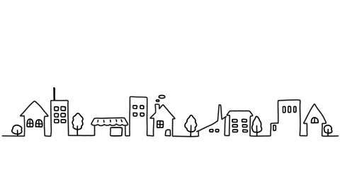 街並みのシンプルな手描き線画イラスト　白黒