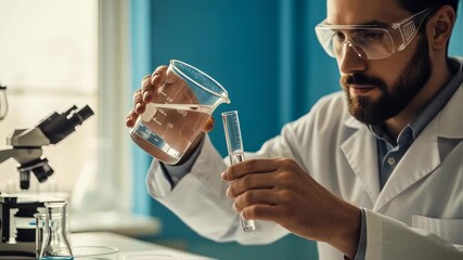 Scientist conducting laboratory experiment. African american man in white coat pouring liquid into beaker. Chemistry research, scientific method, and laboratory analysis concept - Powered by Adobe