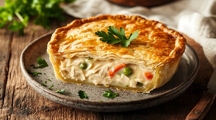 Golden-brown Chicken Pot Pie with Vegetables on a Rustic Plate