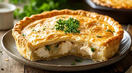 Golden-brown savory pie with flaky crust and creamy filling, garnished with fresh parsley