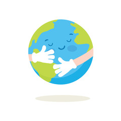 Cartoon earth globe hugs isolated on white background. Save planet concept. Earth Day