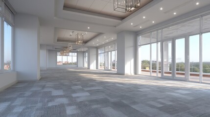 Spacious event hall with large windows overlooking the outdoors.