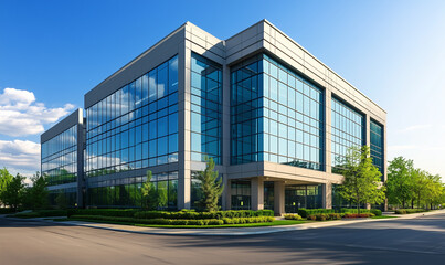 Obraz premium A modern office building with glass windows reflects the blue sky