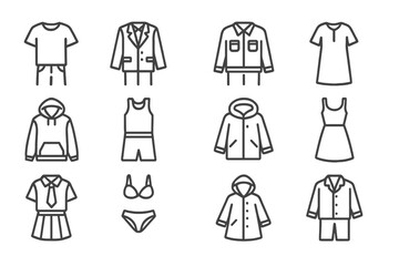 Monochrome outline of various clothing icons on dark background