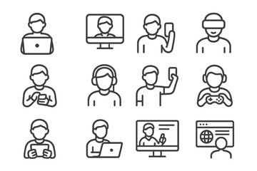 Diverse digital interaction icons featuring various devices and activities
