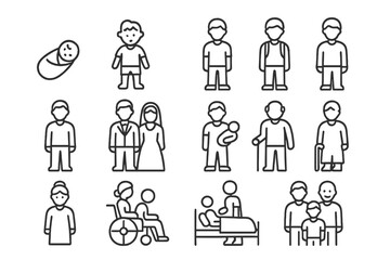 Various male and female age and family icons in line art style