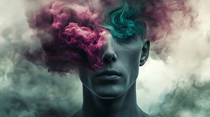 A haunting portrait with ashen skin and a cloudburst of swirling magenta and emerald tones replacing the upper face, realistic lighting and texture.