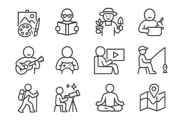 Illustrated icons of hobbies and activities in black and white