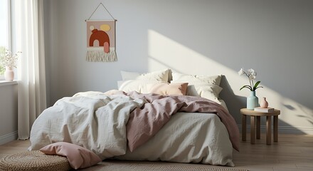 A cozy bedroom interior with a comfortable bed and soft lighting