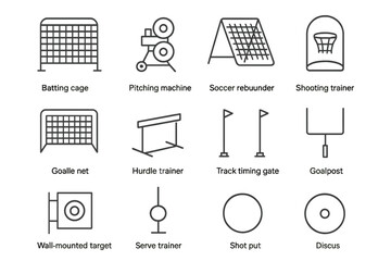 Sports training equipment icons: soccer, baseball, basketball, track, discus