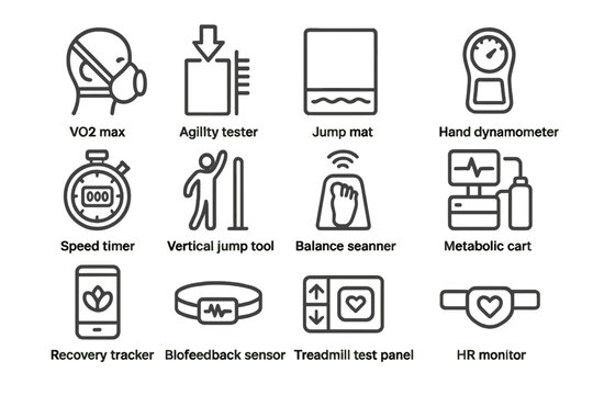 Fitness testing equipment icons: vo2 max, agility, jump mat, heart rate monitor
