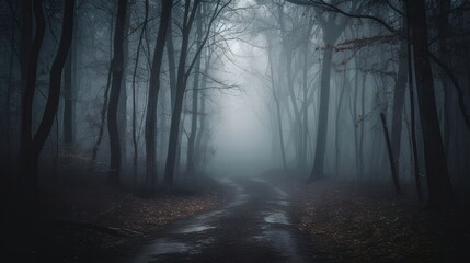Mysterious Foggy Forest Path Autumn Landscape