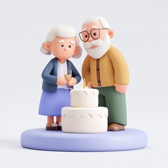 3D Elderly Couple with Birthday Cake Celebration