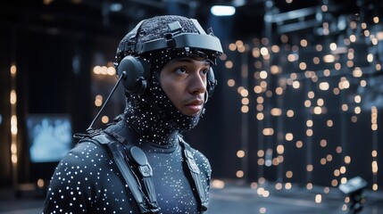 Motion Capture Suit Actor Performing with Digital Effects in Studio